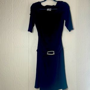 Joseph Ribkoff Little Black Dress Gathered Cowl Neckline Silver Buckle Waist